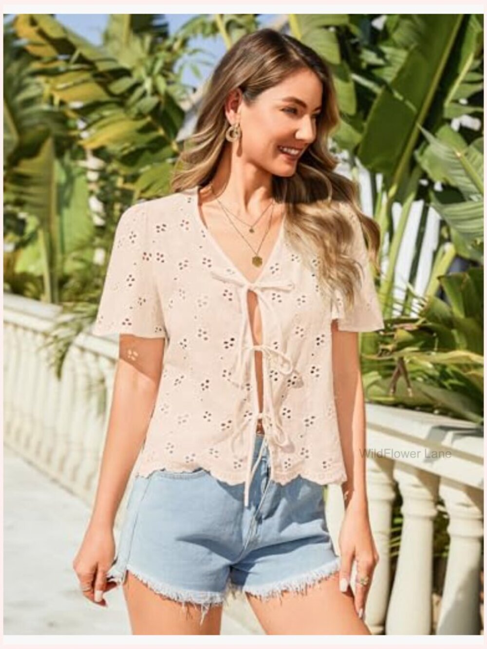 Cotton Eyelet Tie Front V Neck Boho Beach Cover Up Top - Picture 3 of 6